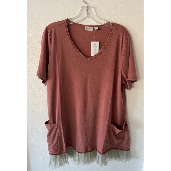 LOGO Lori Goldstein Jersey Fairy Top Raw Edge & Ruffle Light Rust XL Casual NEW - Picture 1 of 8
